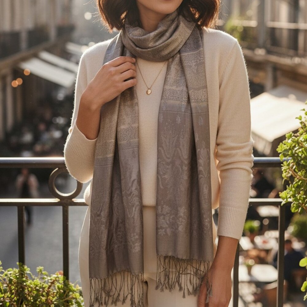 100% Silk Jacquard Scarf Taupe Gray Floral Design Lightweight Wrap 27x70